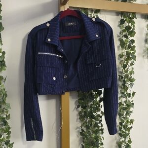 AKIRA Women's Navy Pinstripe Cropped Blazer